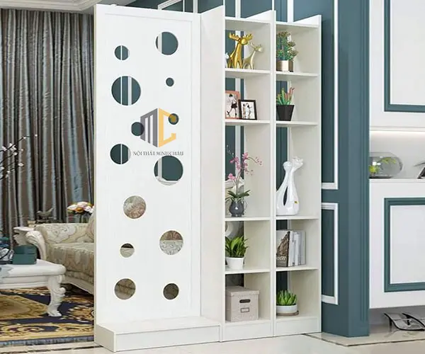 kệ gỗ làm vách ngăn hình tròn 1 vách 2 kệ phải