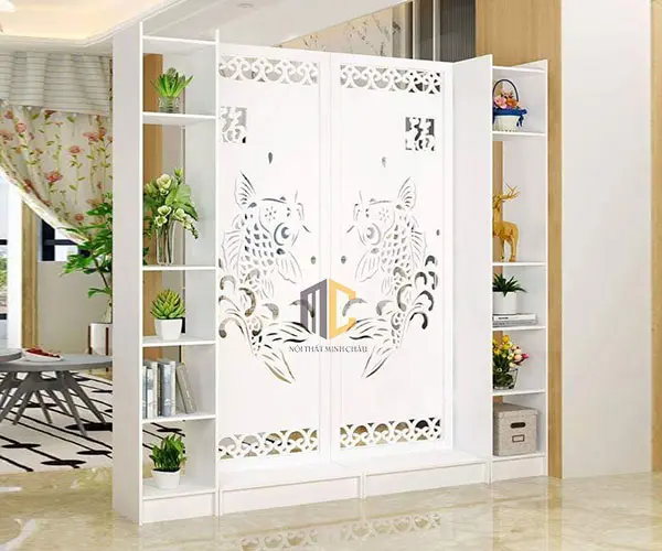 kệ vách ngăn phòng khách đẹp cá chép hóa rồng 2 vách 2 kệ