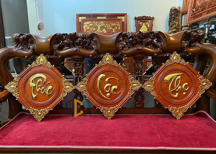 tranh phúc lộc thọ treo bàn thờ bằng gỗ