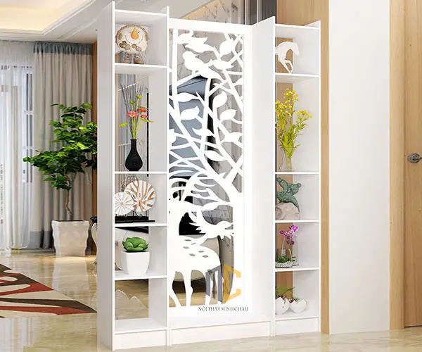 vách ngăn cnc gỗ nhựa kết hợp kệ hươu sao 1 vách 2 kệ