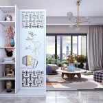 vách ngăn kệ gỗ trang trí phòng khách cây trúc 1 vách 1 kệ