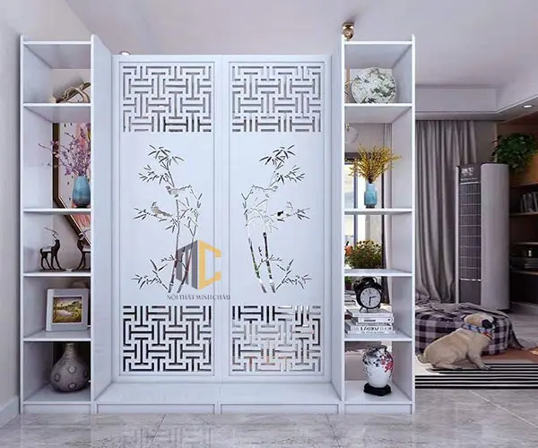 vách ngăn kệ gỗ trang trí phòng khách cây trúc 2 vách 2 kệ