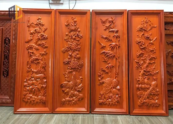 tranh gỗ tứ quý cúc gà