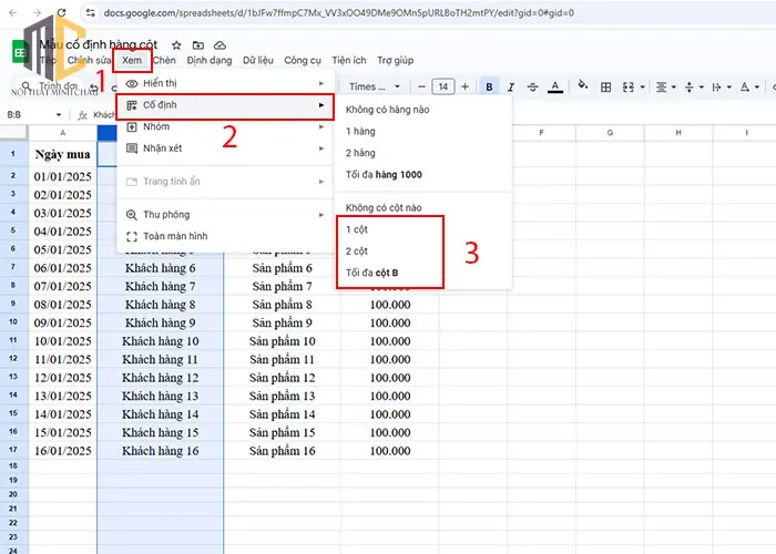 cách cố định cột trong google sheet