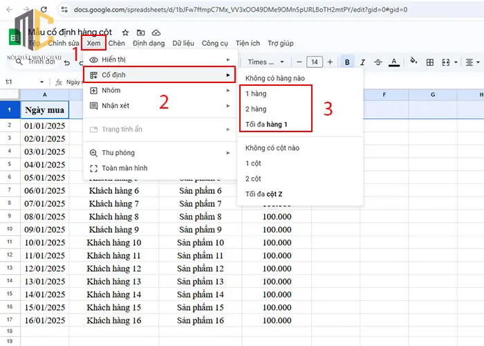 cách cố định hàng trong google sheet